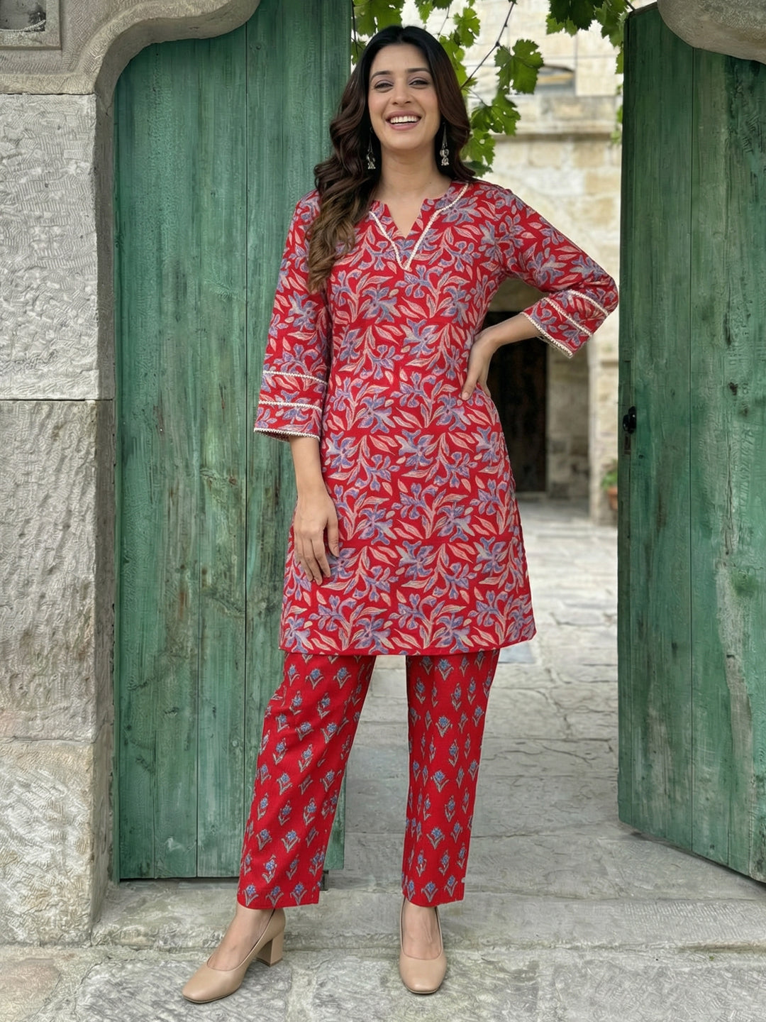 Red Floral Cotton Co-ord Set with Lace Work