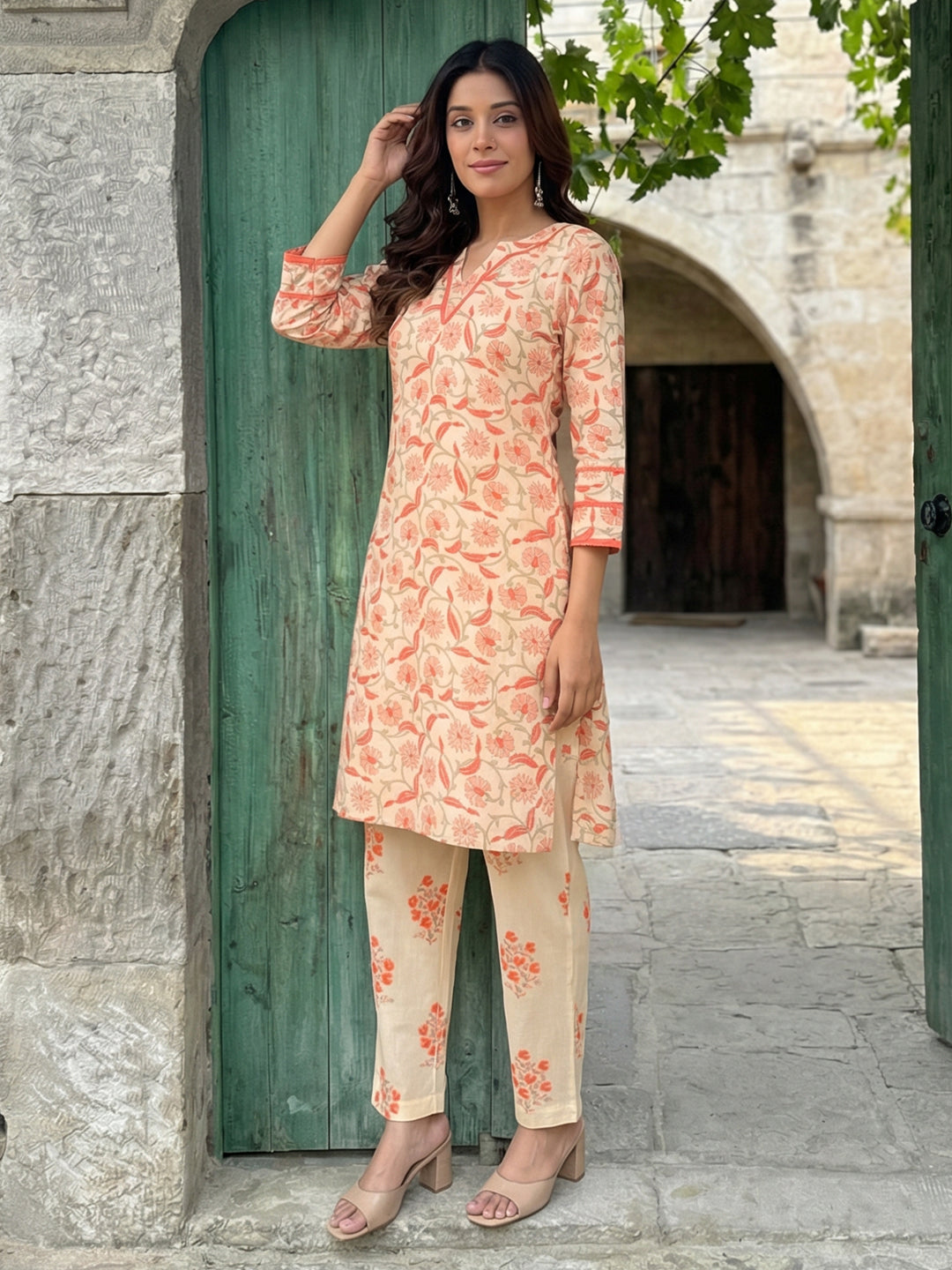 Cream Orange Floral Cotton Co-ord Set with Lace Work