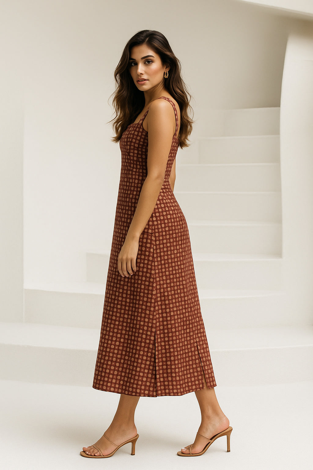 Brown Square Printed Cotton Dress