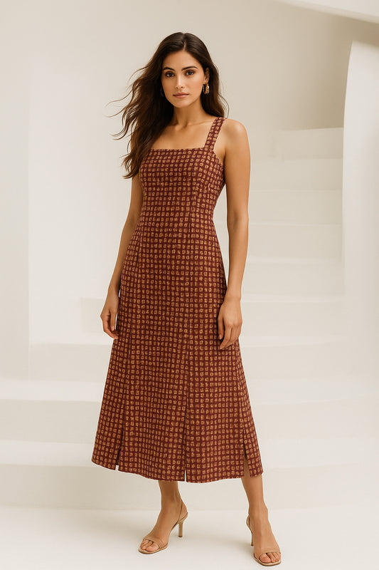 Brown Square Printed Cotton Dress