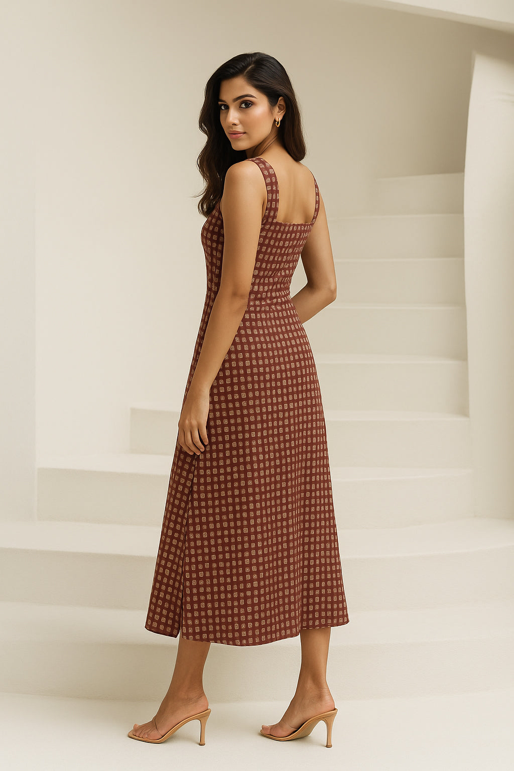 Brown Square Printed Cotton Dress