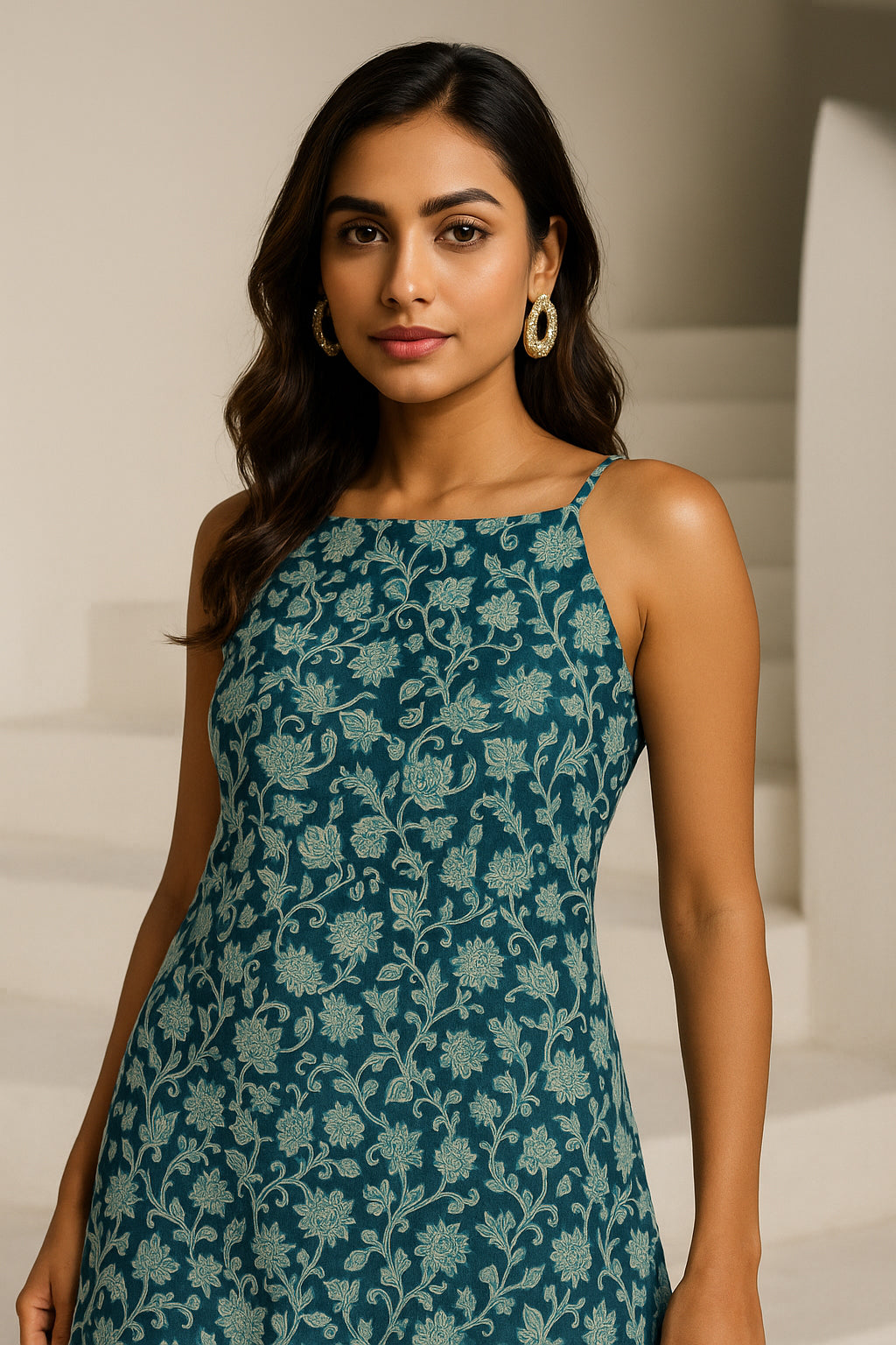 Teal Blue Printed Cotton Strap Dress