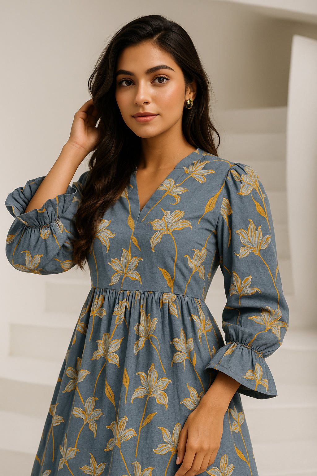 Grey Yellow Cotton Dress