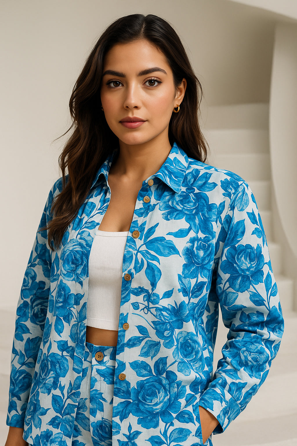Blue White Floral Cotton Co-ord Set