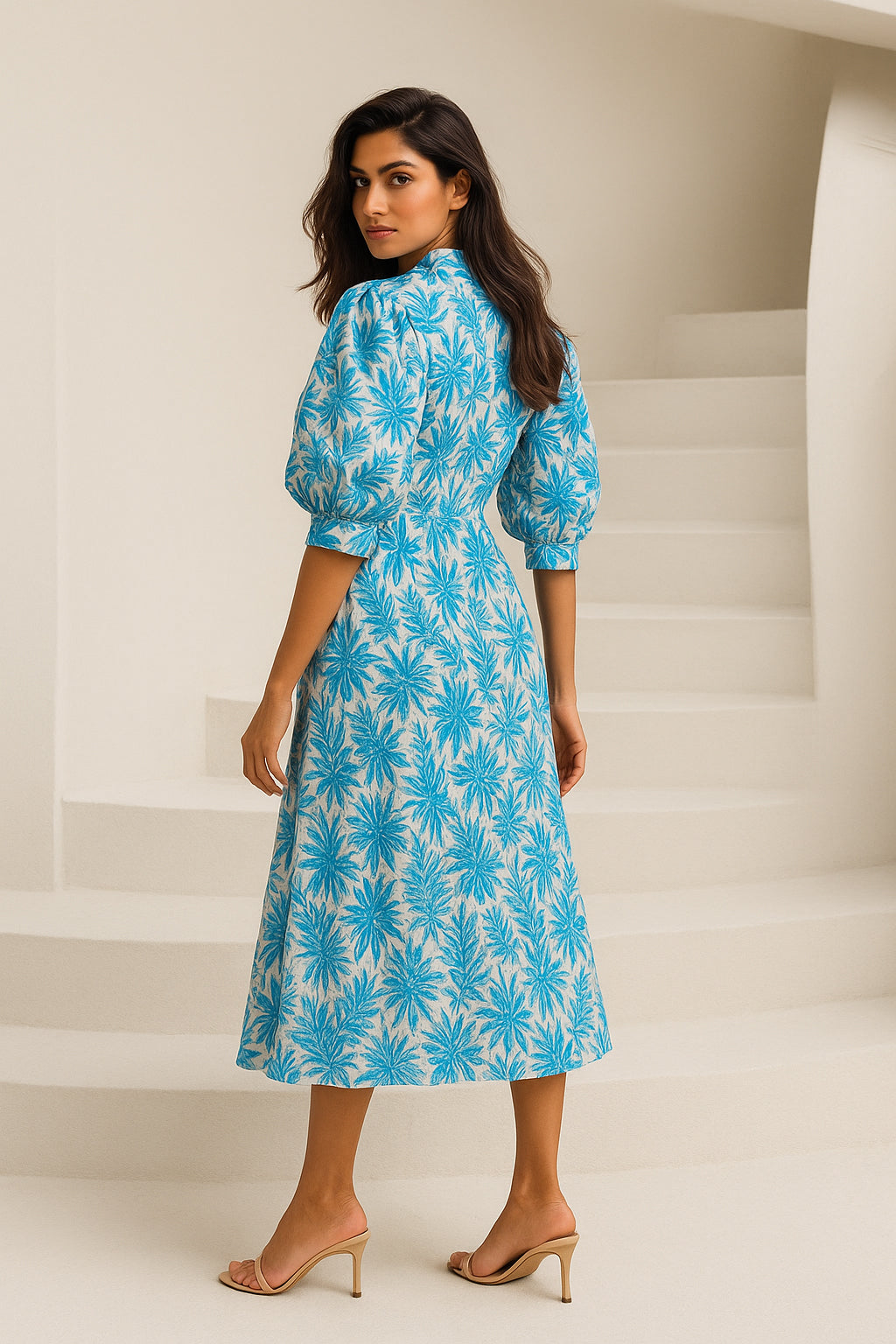 White Blue Floral Linen Blend Dress