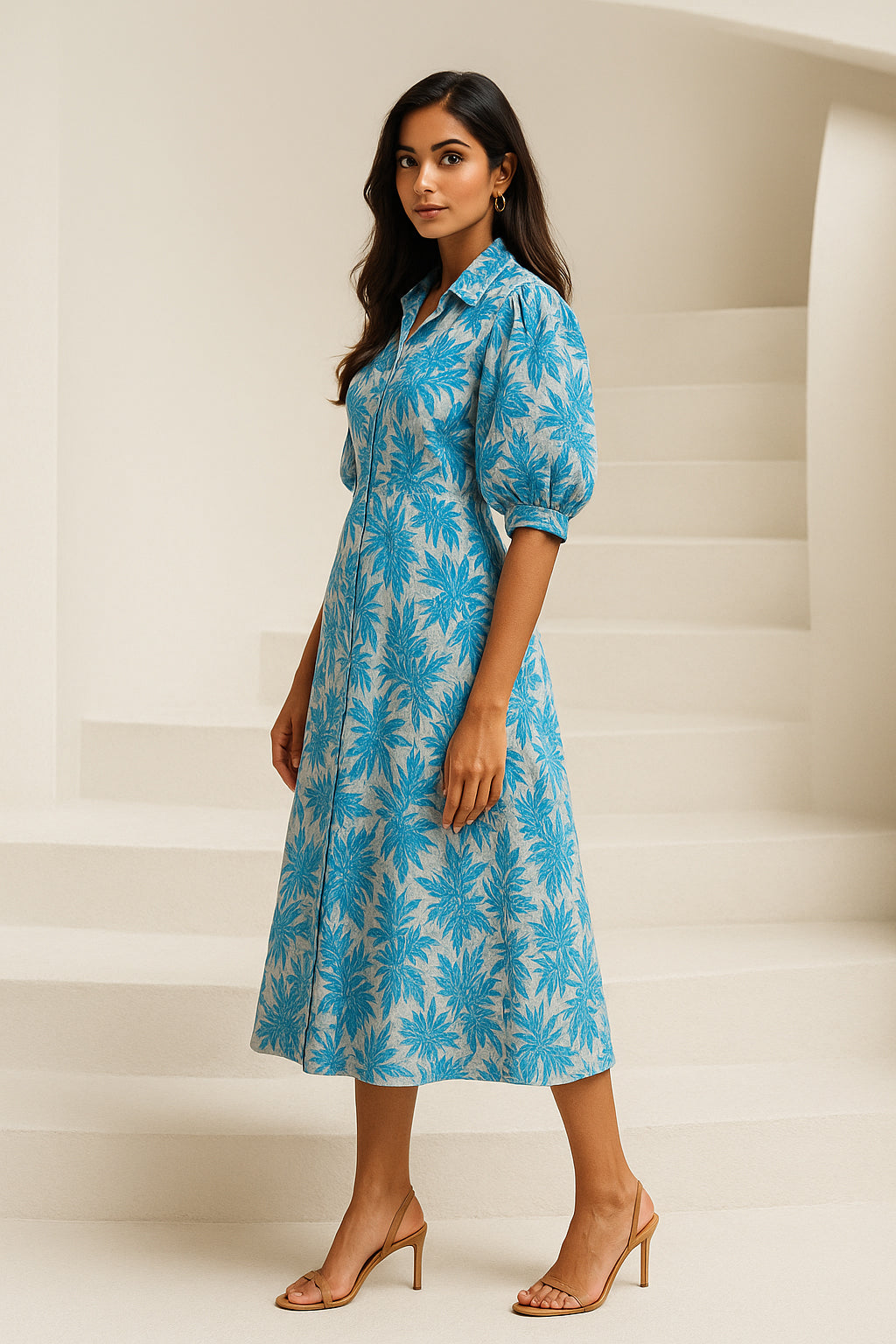 White Blue Floral Linen Blend Dress