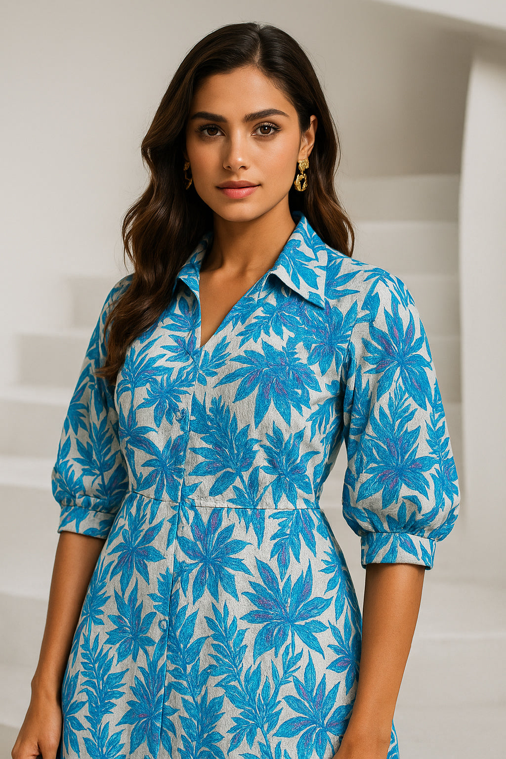 White Blue Floral Linen Blend Dress