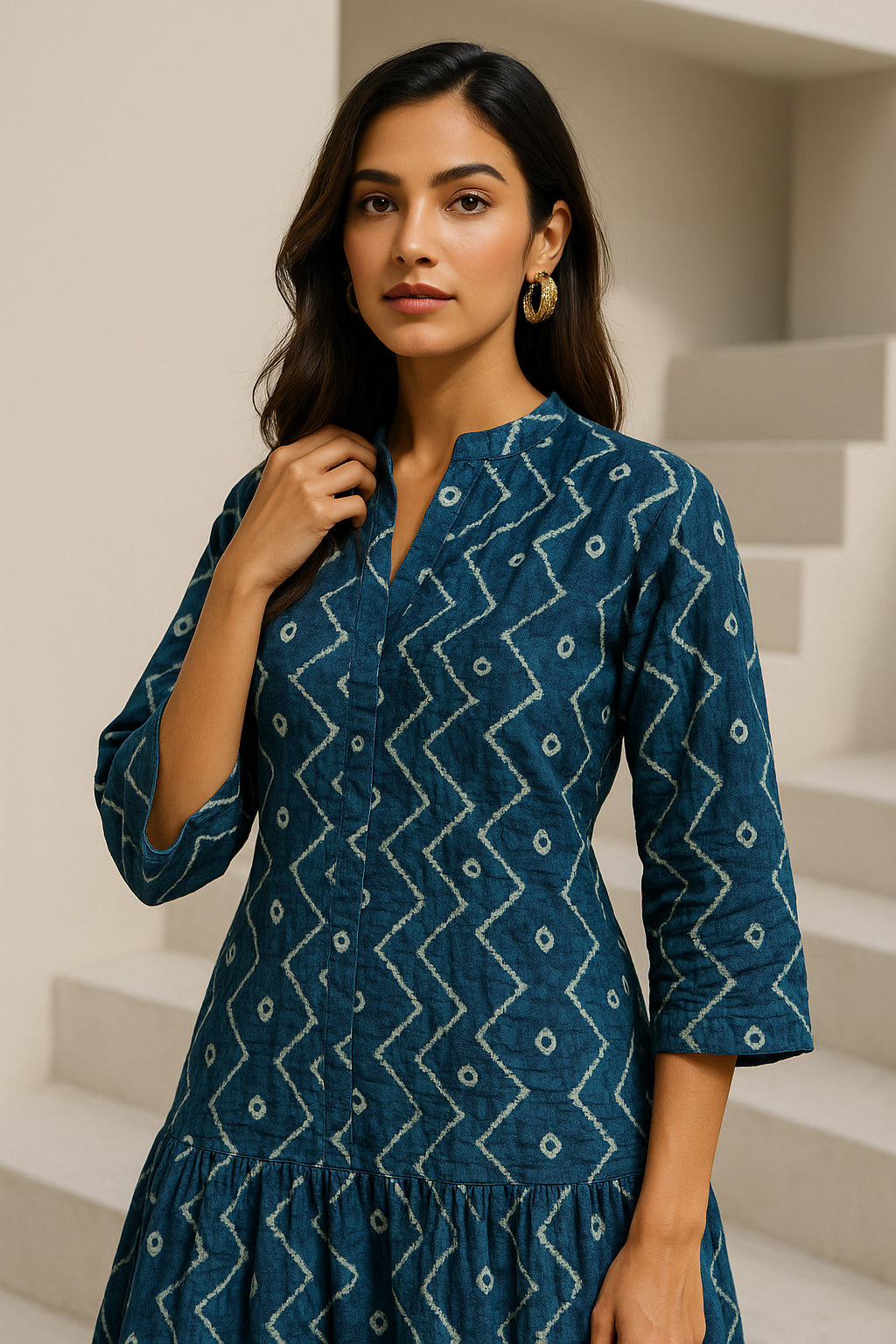 Indigo Leheriya Printed Cotton Dress