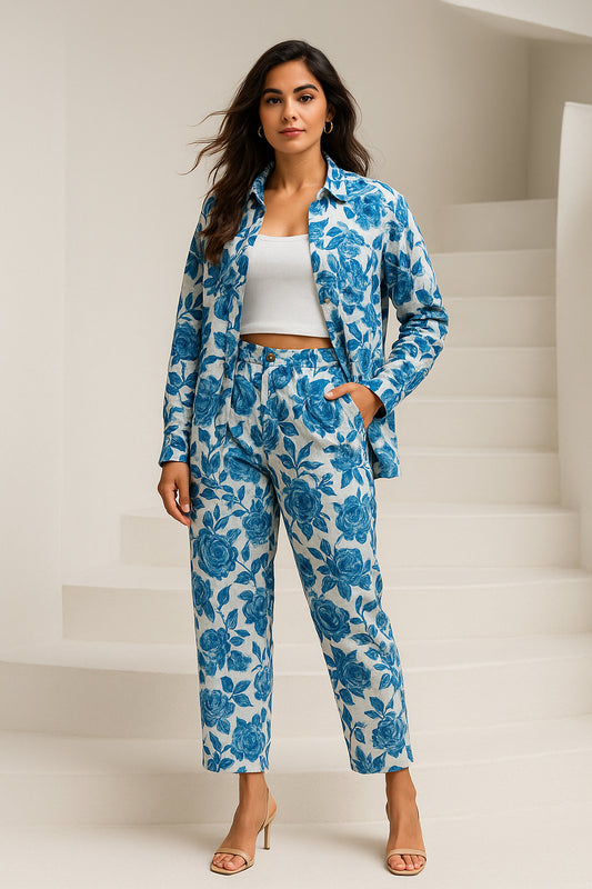 Blue White Floral Cotton Co-ord Set