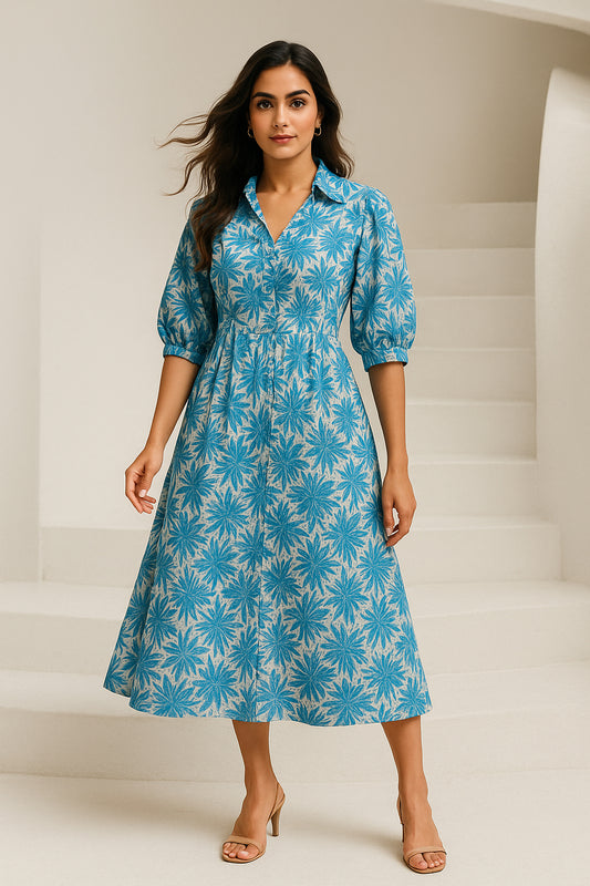 White Blue Floral Linen Blend Dress