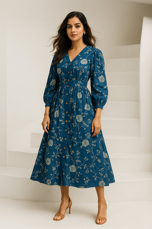Indigo Printed Cotton Dress