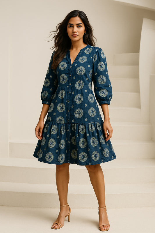 Indigo Tie Dye Printed Cotton Dress