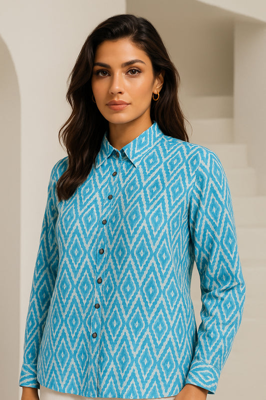 Blue Ikkat Printed Cotton shirt
