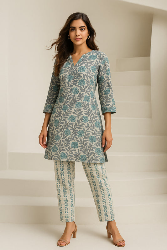 Grey Printed Cotton Co-ord Set with Lace Work
