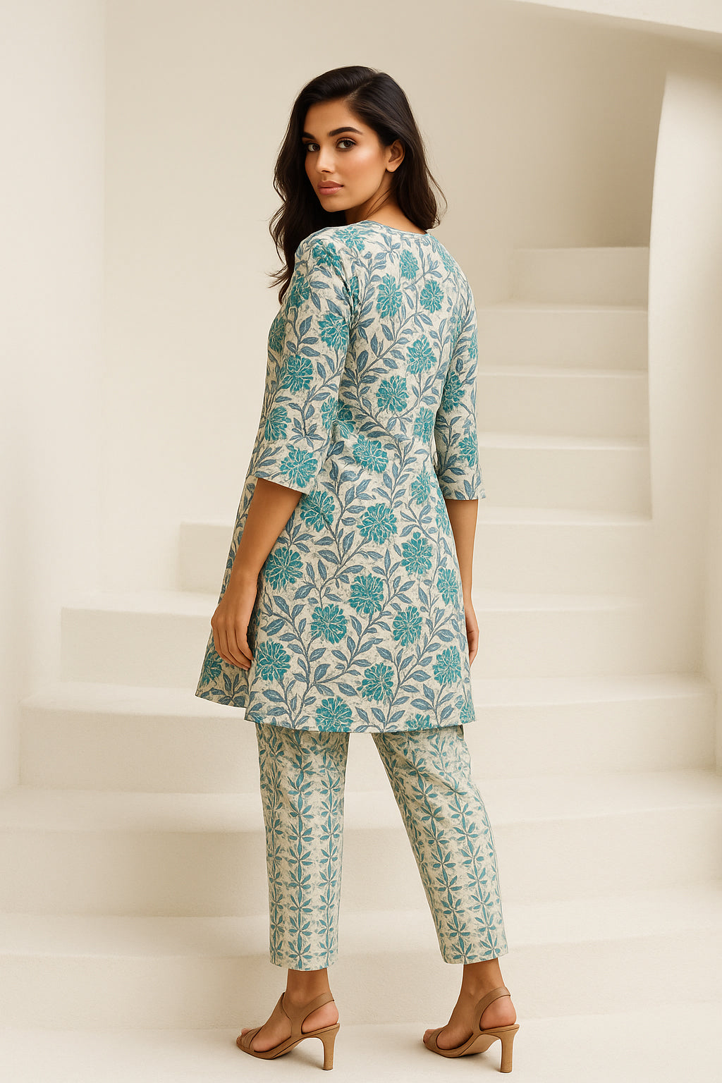 Grey Printed Cotton Co-ord Set with Lace Work
