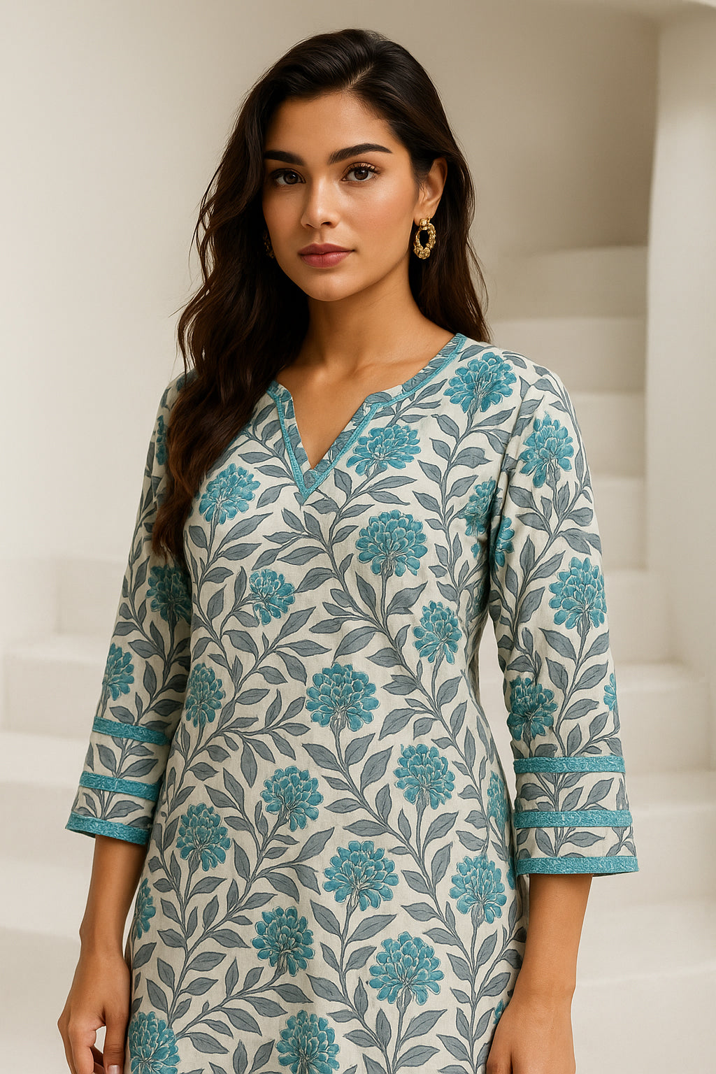 Grey Printed Cotton Co-ord Set with Lace Work