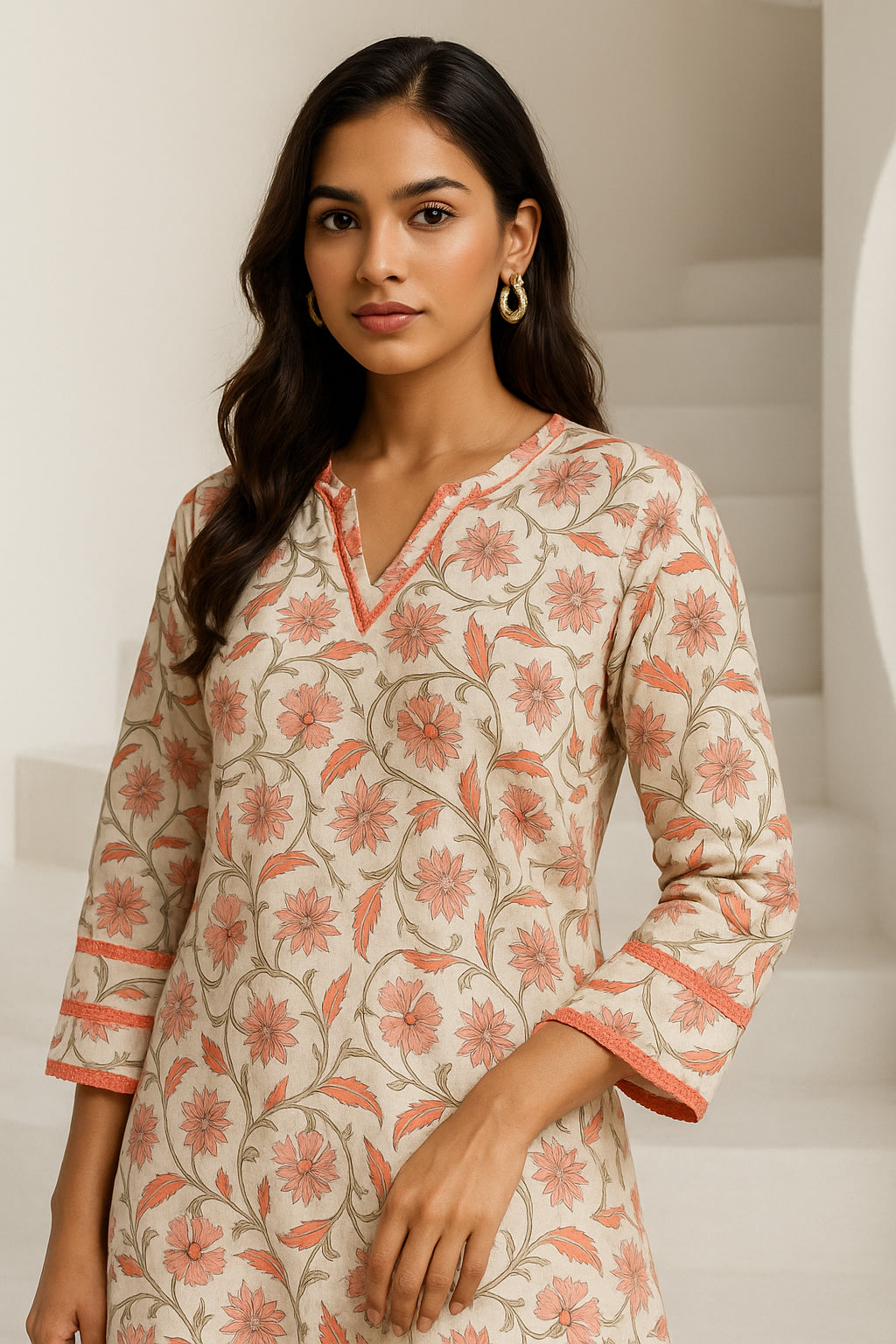 Cream Orange Floral Cotton Co-ord Set with Lace Work