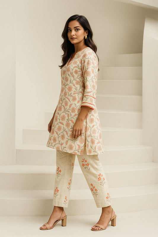 Cream Orange Floral Cotton Co-ord Set with Lace Work