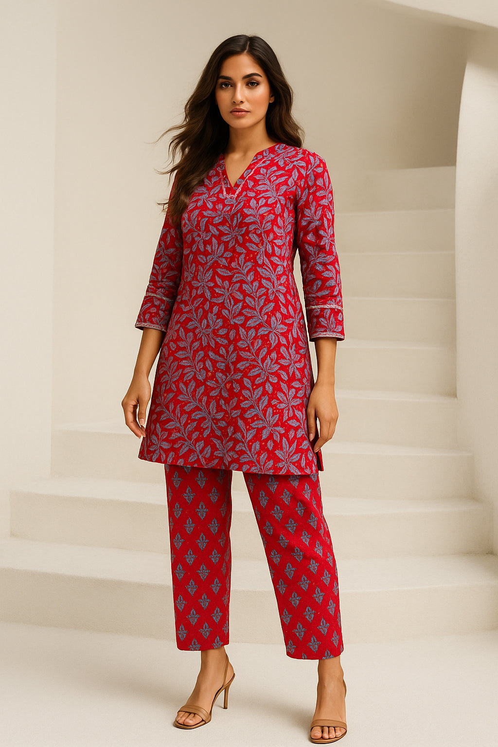 Red Floral Cotton Co-ord Set with Lace Work