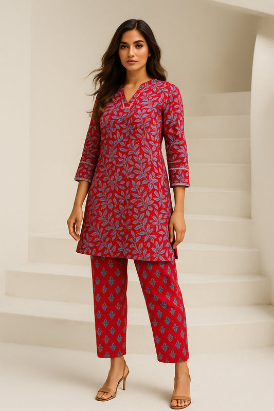 Red Floral Cotton Co-ord Set with Lace Work