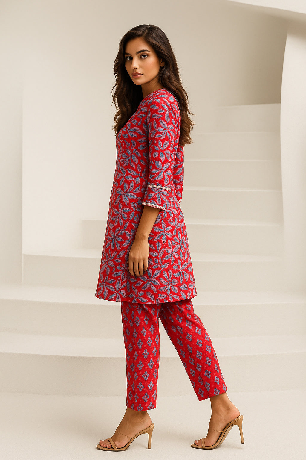 Red Floral Cotton Co-ord Set with Lace Work