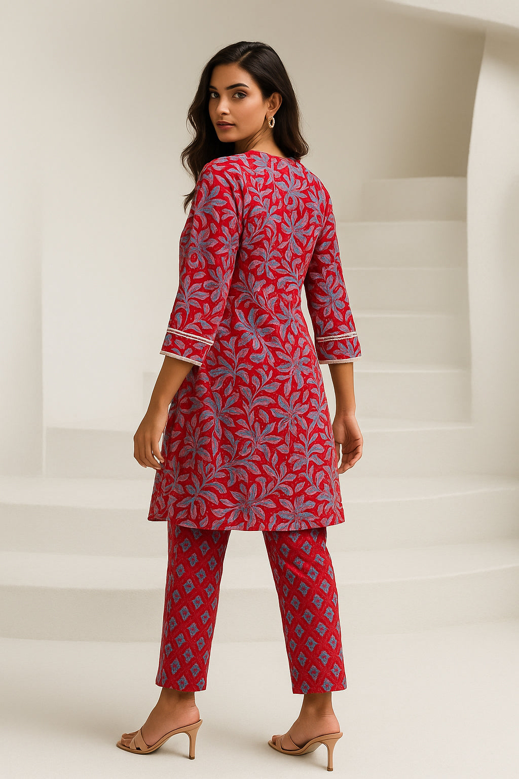 Red Floral Cotton Co-ord Set with Lace Work
