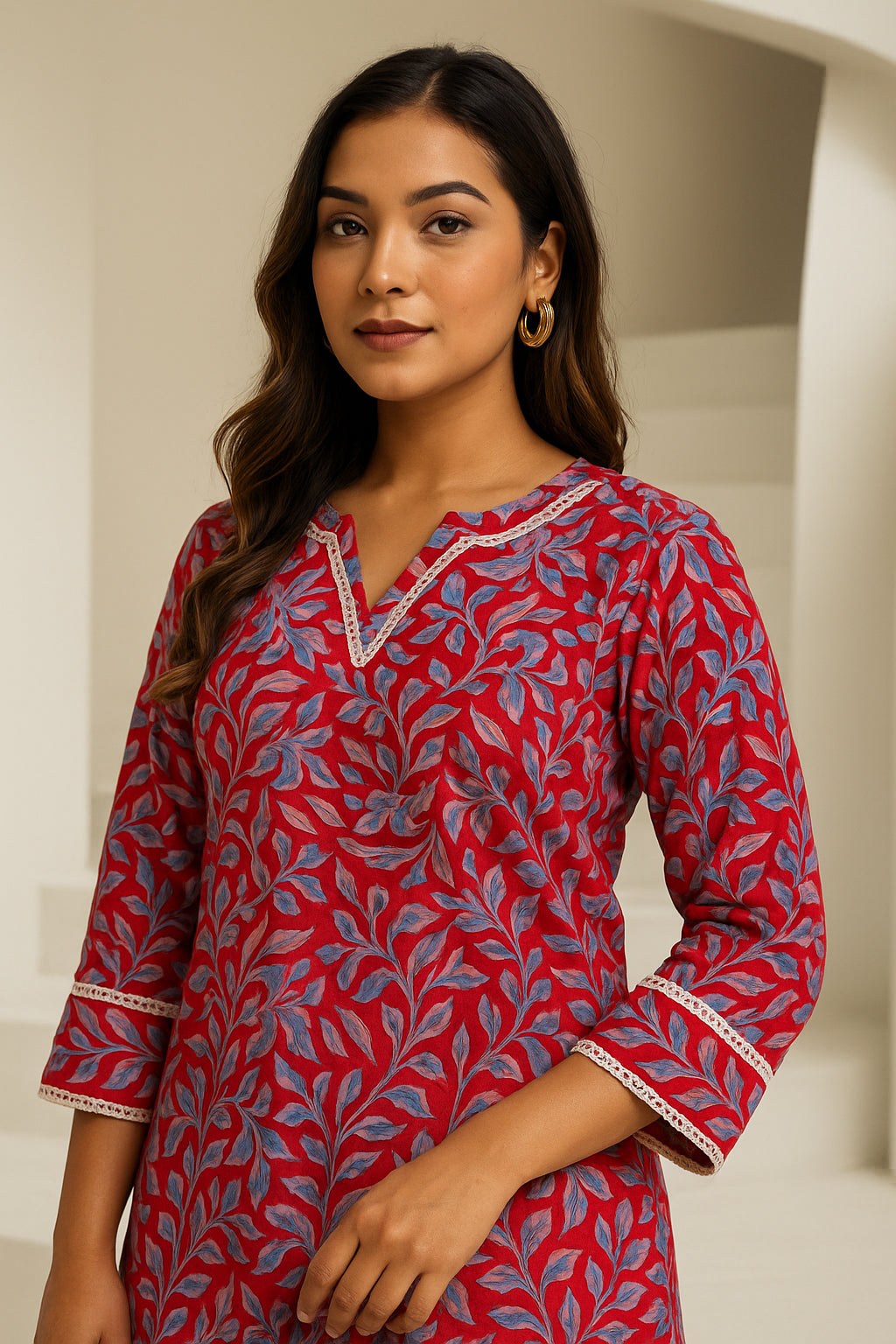 Red Floral Cotton Co-ord Set with Lace Work