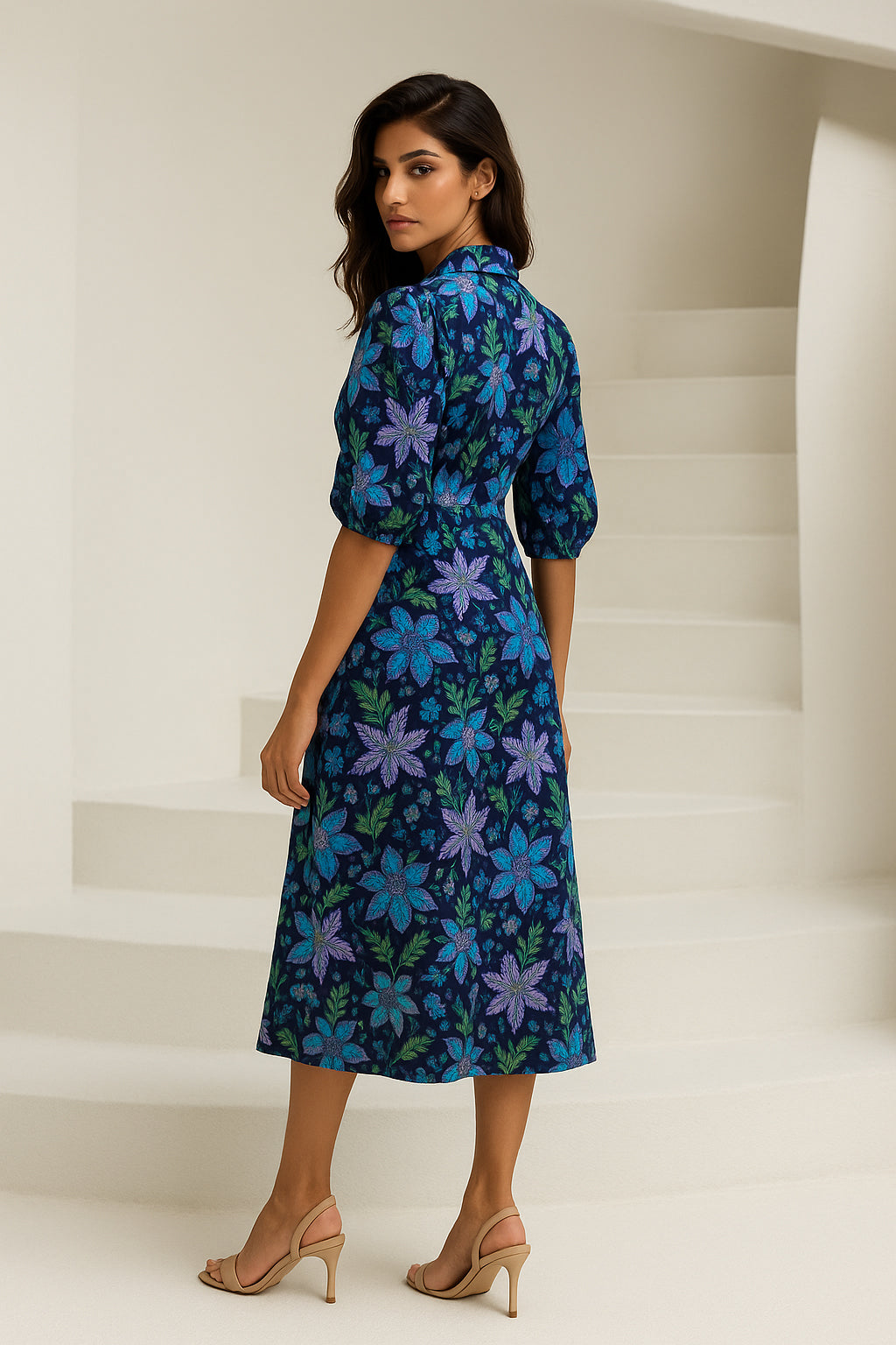 Dark Blue Printed Cotton Dress
