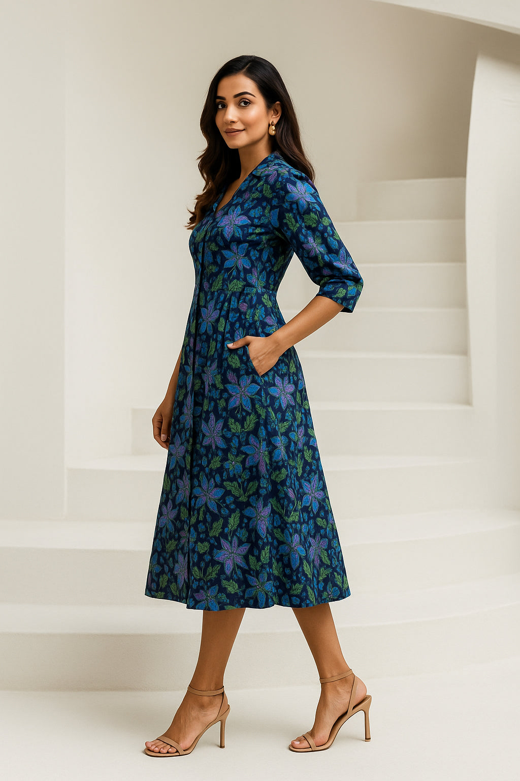 Dark Blue Printed Cotton Dress