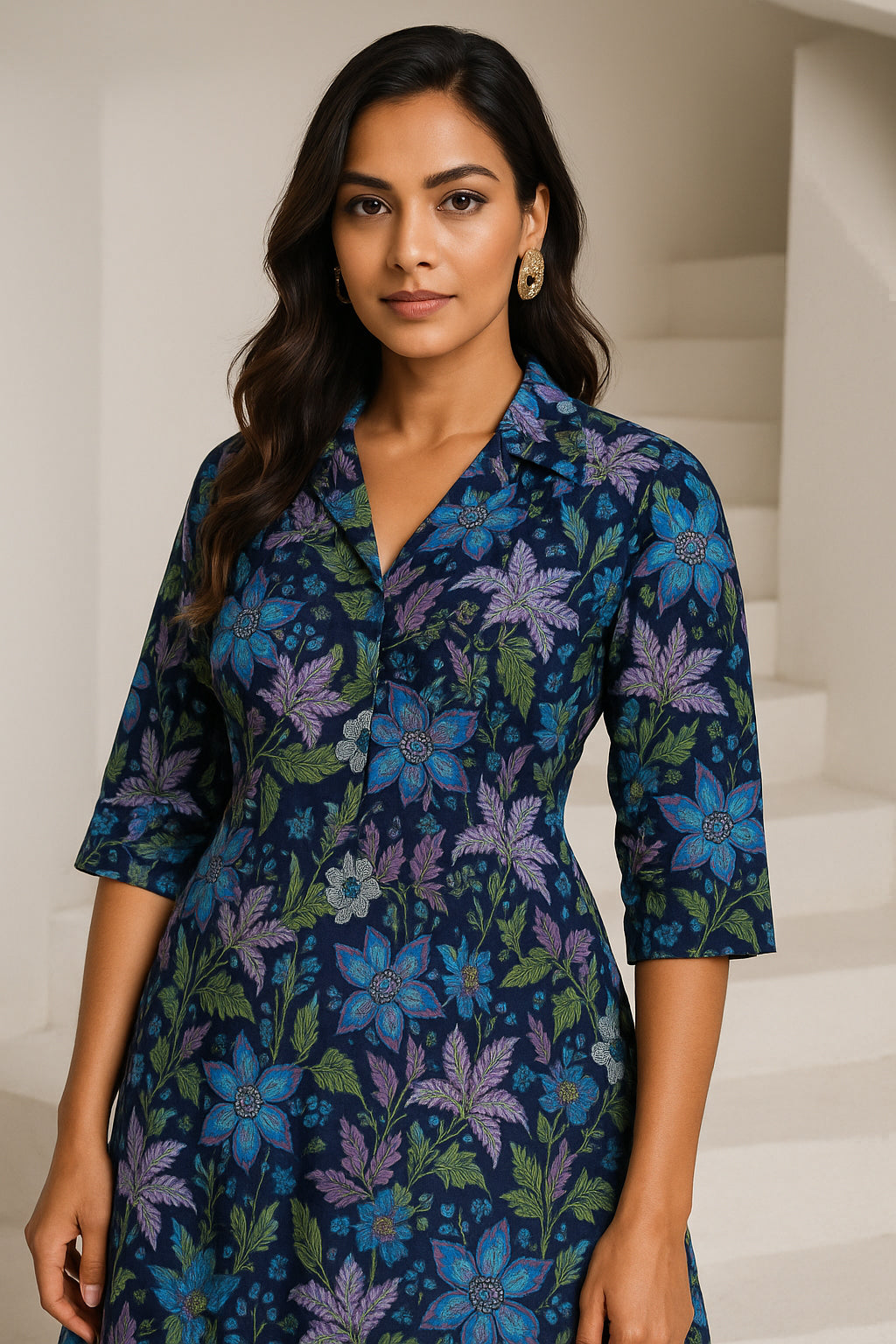 Dark Blue Printed Cotton Dress