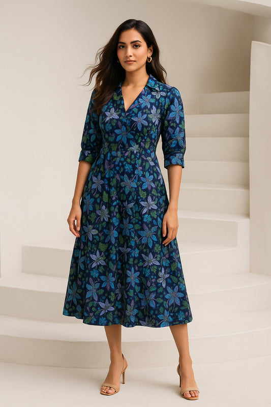 Dark Blue Printed Cotton Dress