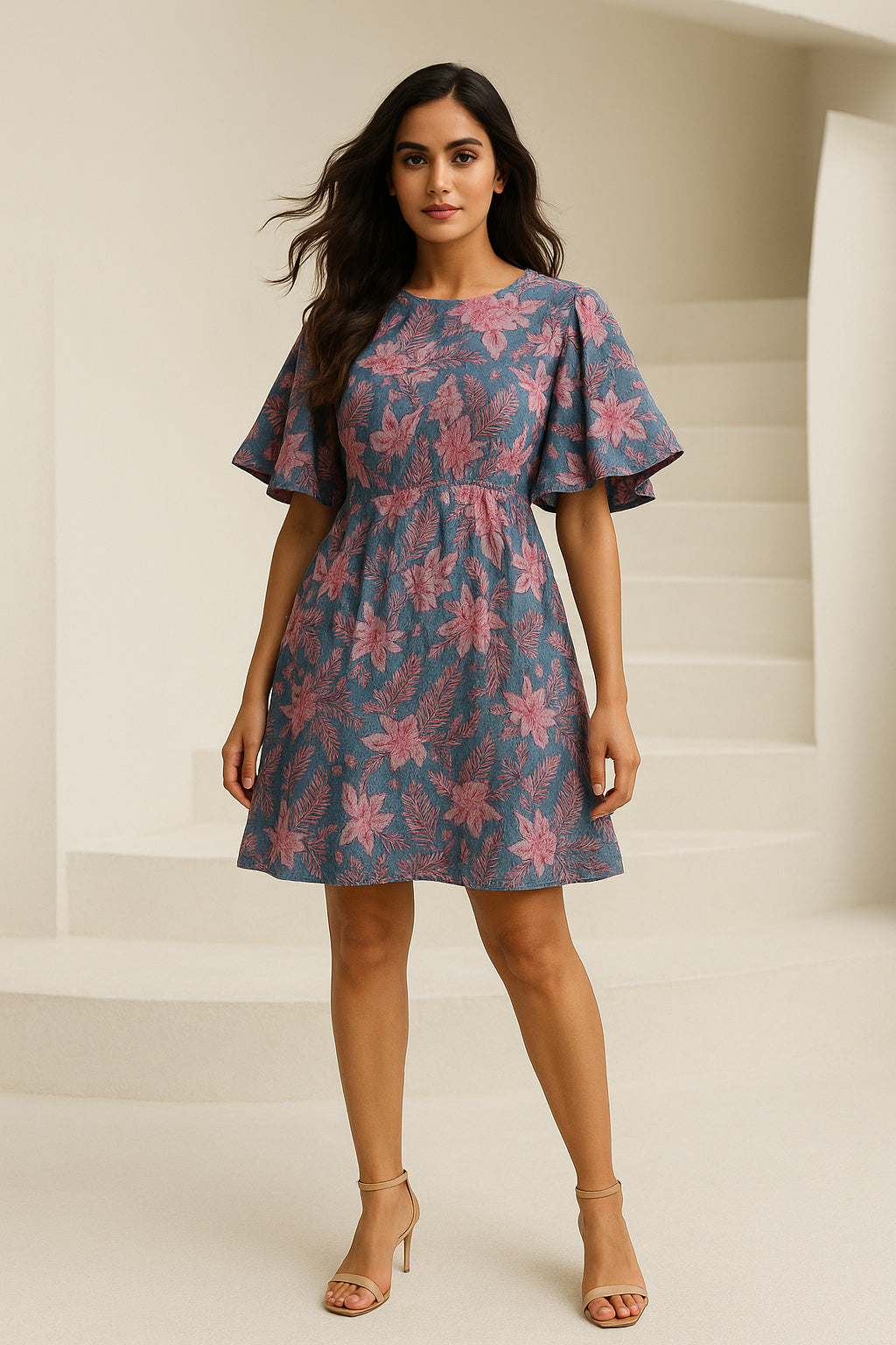 Grey Floral Printed Cotton Dress