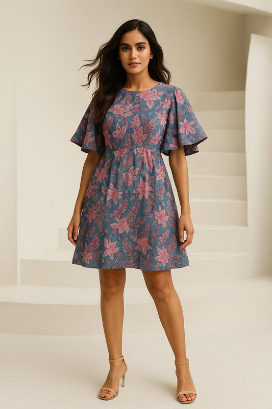 Grey Floral Printed Cotton Dress