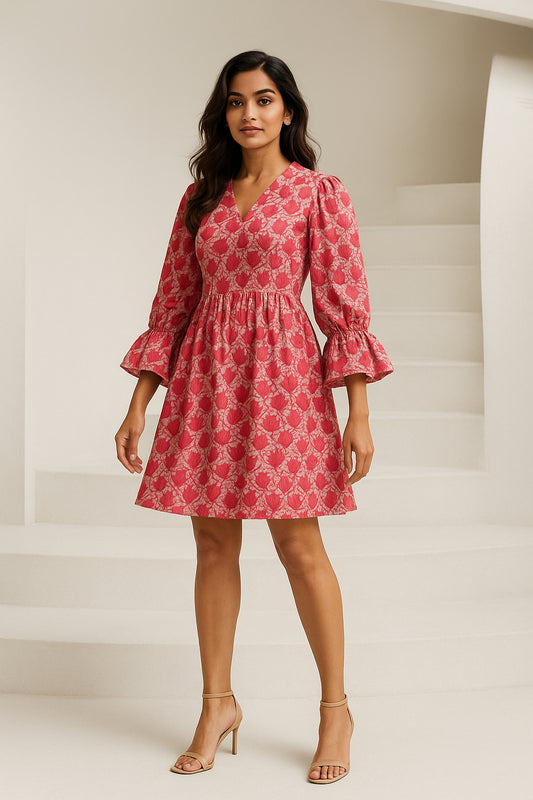 Pink Rose Printed Cotton Dress