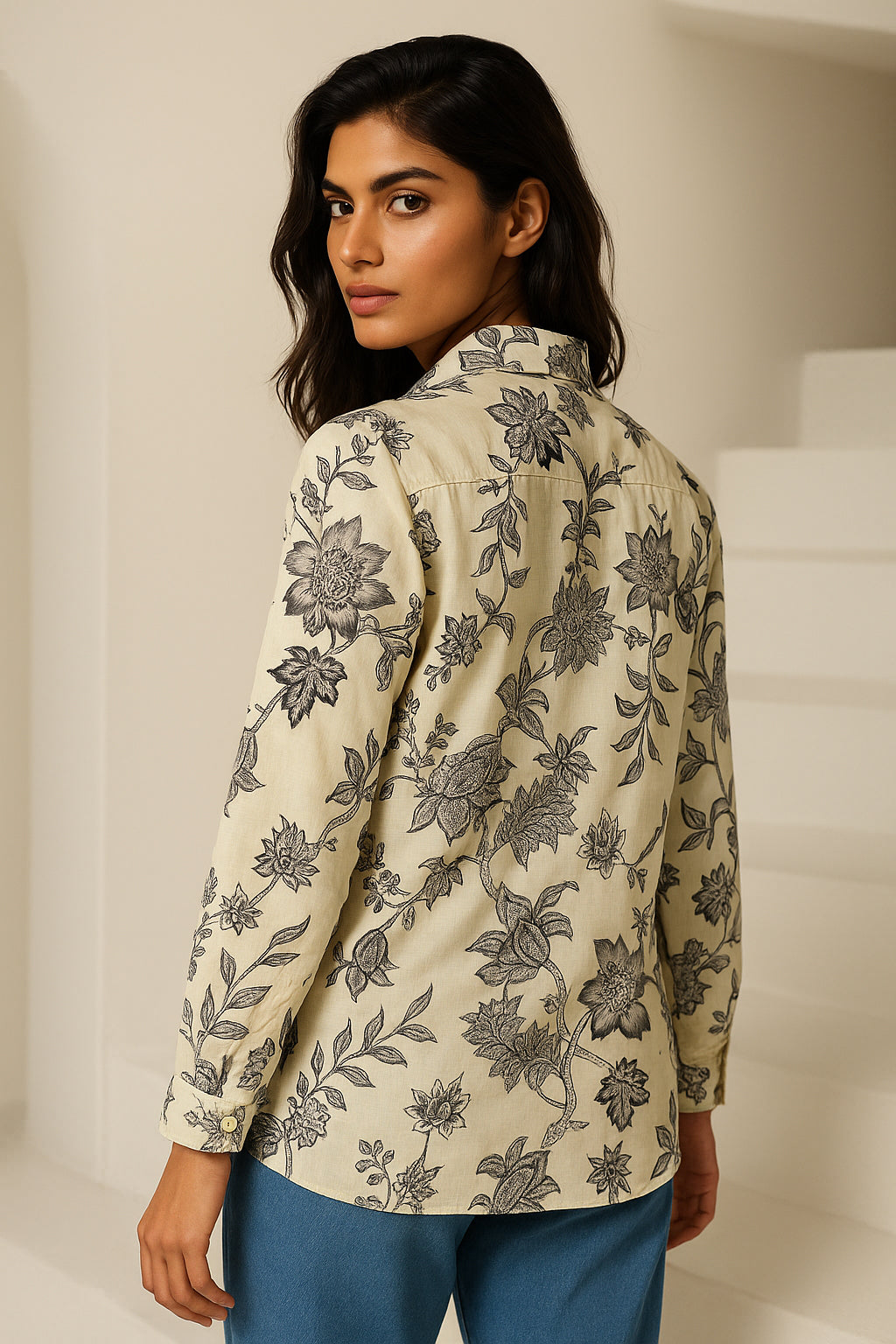 Cream Black Printed Cotton shirt