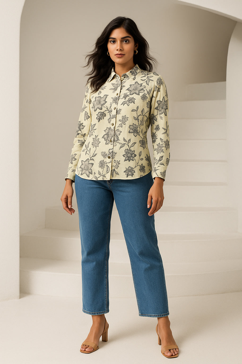 Cream Black Printed Cotton shirt