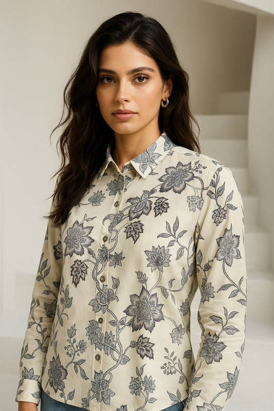 Cream Black Printed Cotton shirt