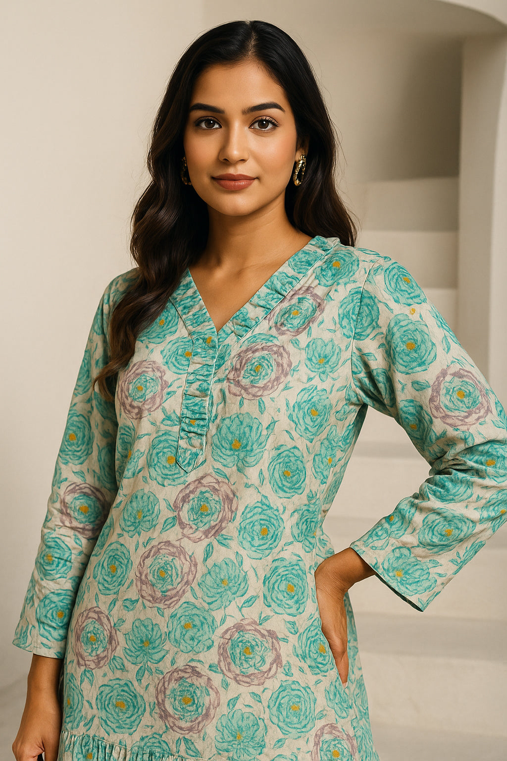 Cream Sea Green Printed Cotton Dress