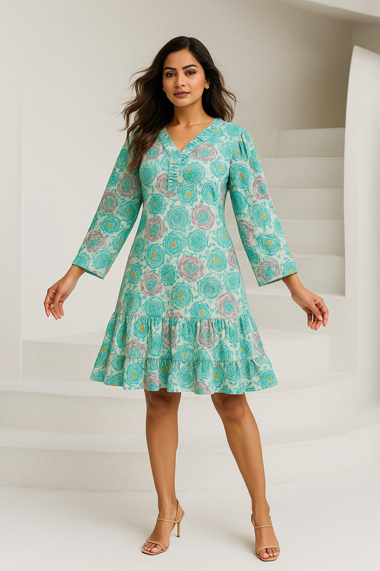 Cream Sea Green Printed Cotton Dress