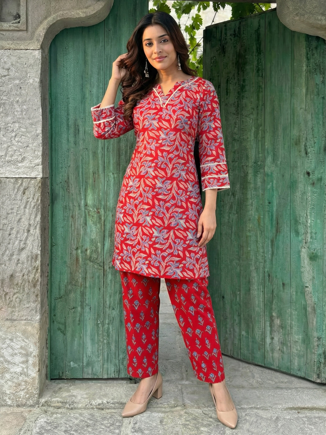 Red Floral Cotton Co-ord Set with Lace Work