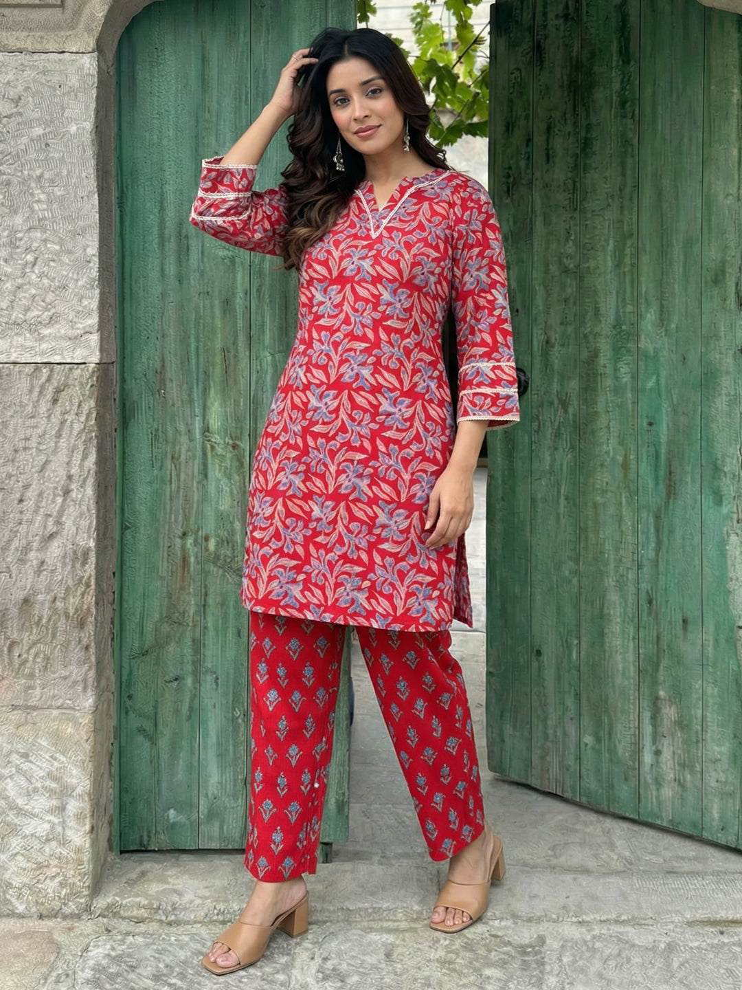 Red Floral Cotton Co-ord Set with Lace Work