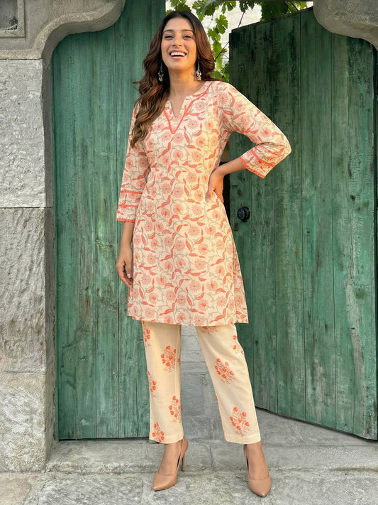 Cream Orange Floral Cotton Co-ord Set with Lace Work