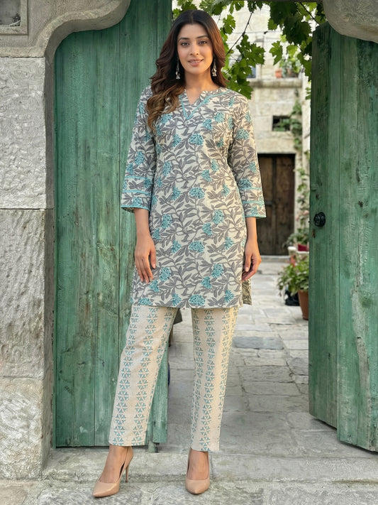 Grey Printed Cotton Co-ord Set with Lace Work