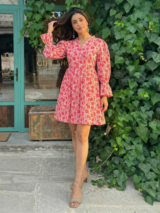 Pink Rose Printed Cotton Dress