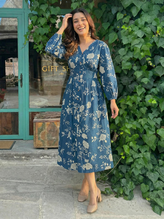 Indigo Printed Cotton Dress