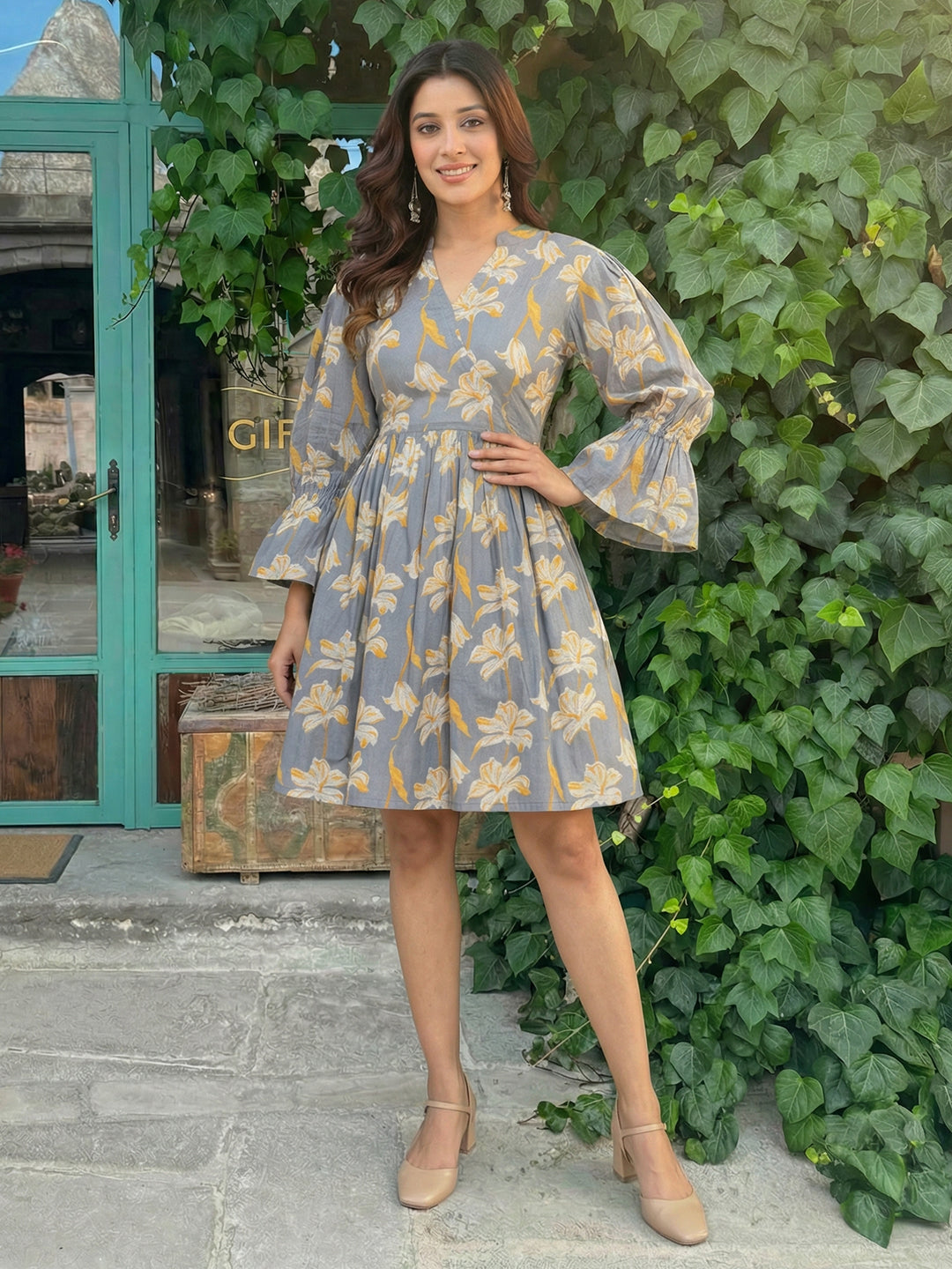 Grey Yellow Cotton Dress