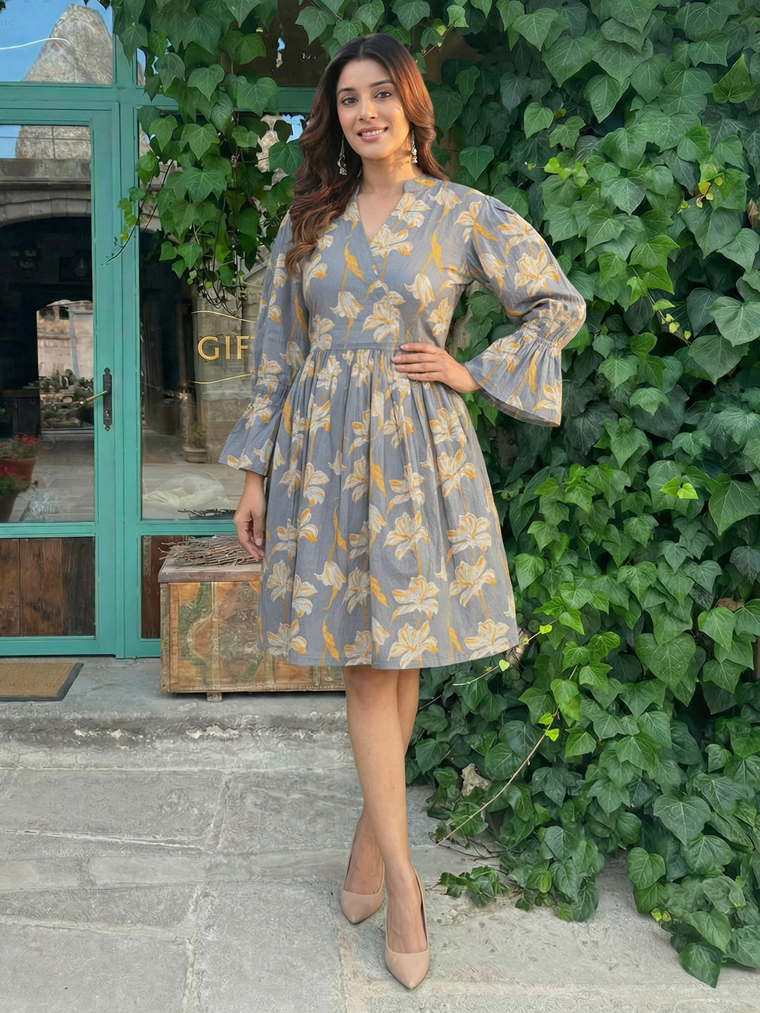Grey Yellow Cotton Dress
