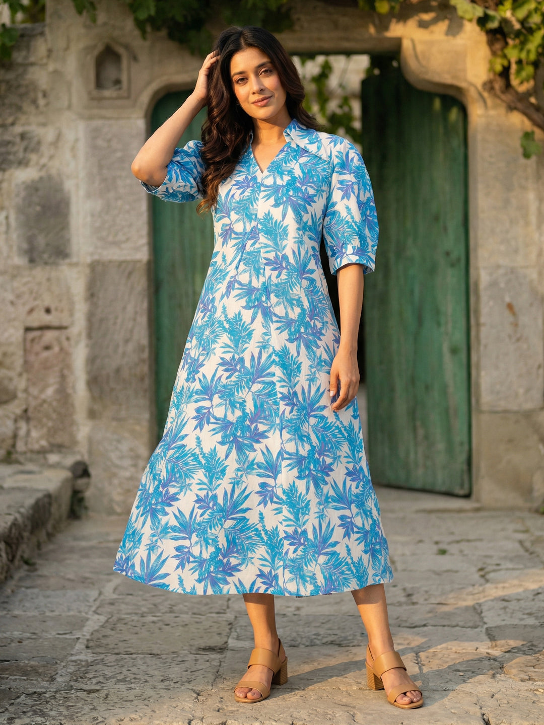 White Blue Floral Linen Blend Dress