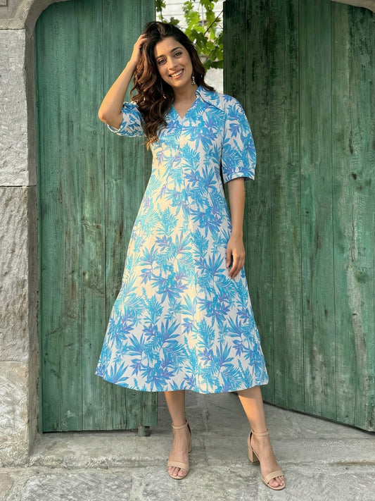 White Blue Floral Linen Blend Dress