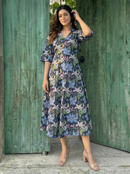 Dark Blue Printed Cotton Dress
